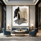 “Black, Beige, and Grey: Minimalist Abstract with White Lines” - Modern Calligraphic Art On Canvas PT0969
