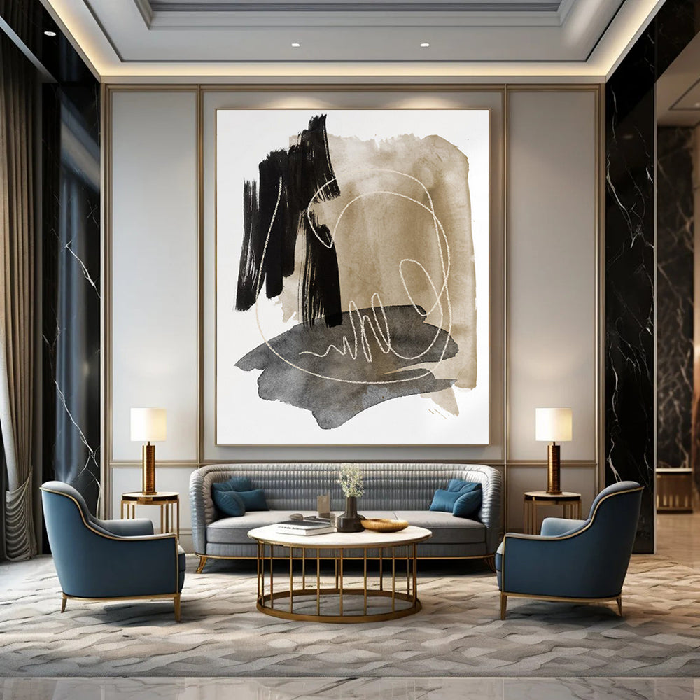 “Black, Beige, and Grey: Minimalist Abstract with White Lines” - Modern Calligraphic Art On Canvas PT0969