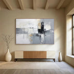 “Gray - Gold - White Abstract Grid” - Metallic - Gray Abstract Painting On Canvas PT1574