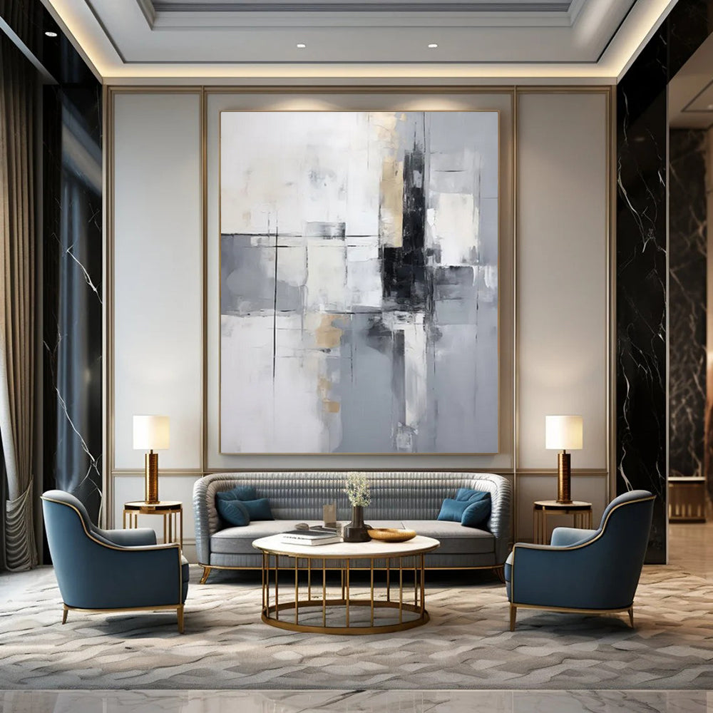 “Monochrome Grid” - Subtle Gray Tones & Geometric Lines Painting On Canvas DS138