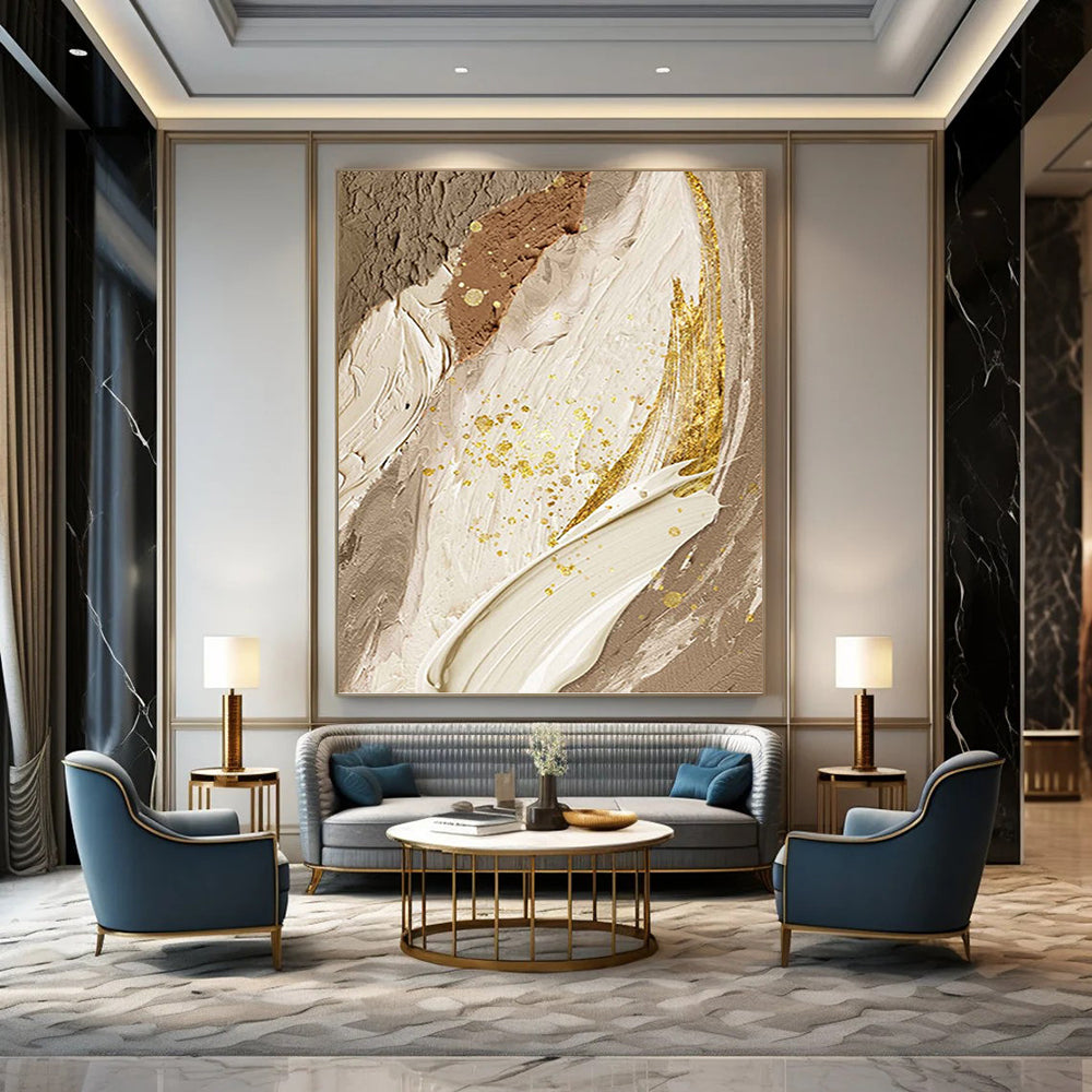 “Elegant Neutrals with Gold Accents” - Beige, Brown, Gold Abstract Painting On Canvas PT1477