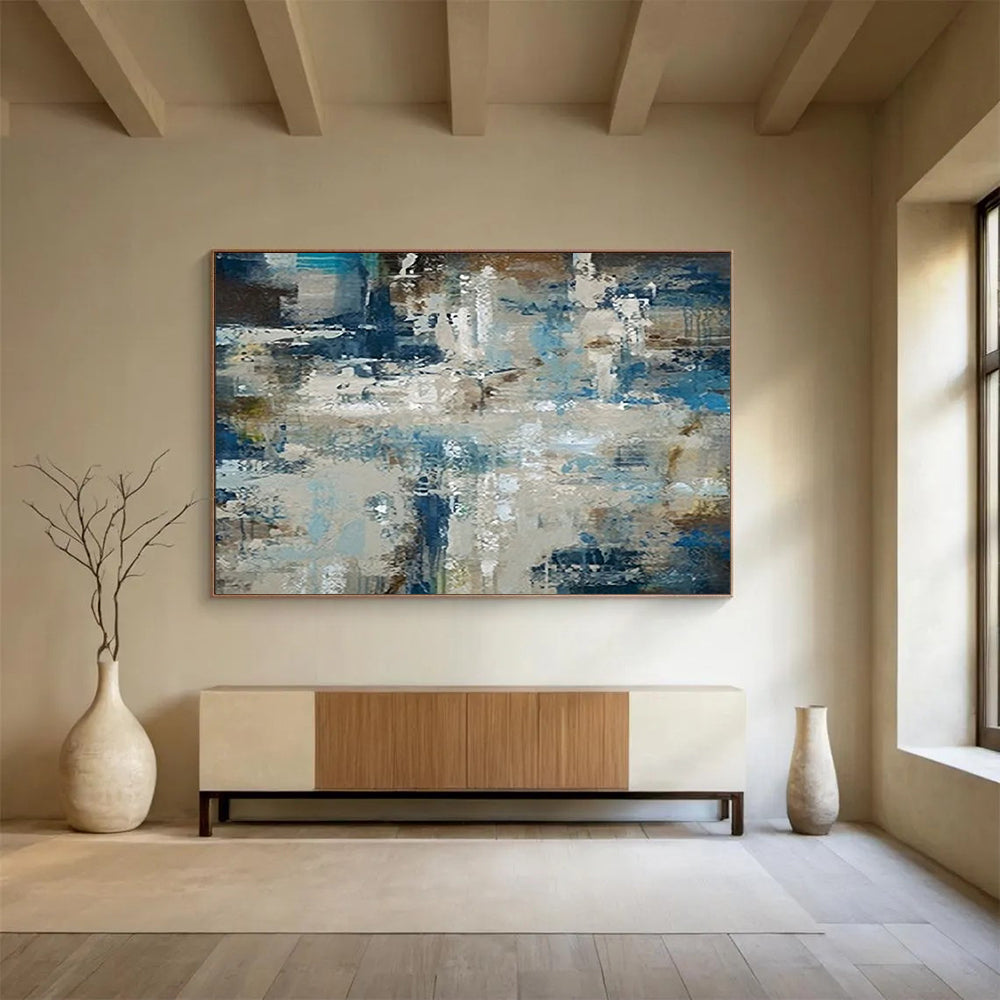 “Abstract Coastal Collage in Blues, Browns & Grays” - Modern Mixed - Media Oil Painting On Canvas PT036