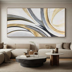 “Flowing Gold - Grey - White Abstract Ribbons” - Elegant Abstract Painting On Canvas PS0320