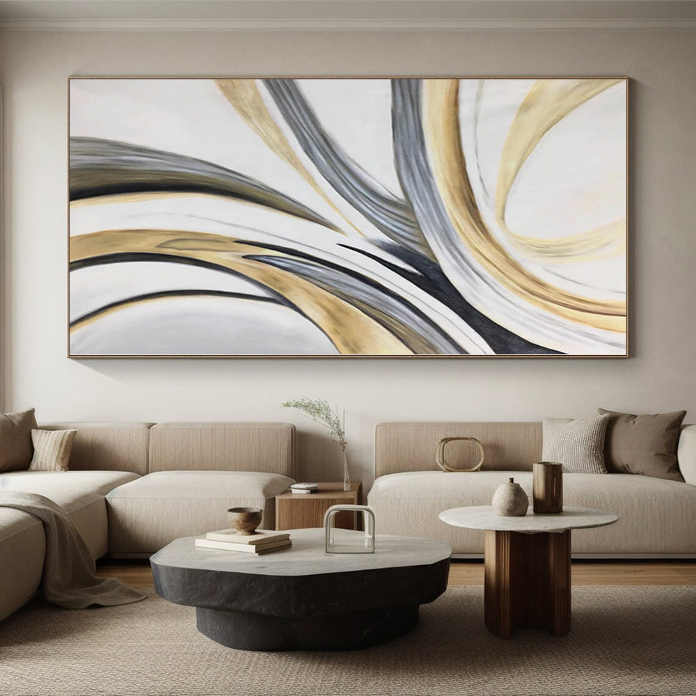 “Flowing Gold - Grey - White Abstract Ribbons” - Elegant Abstract Painting On Canvas PS0320