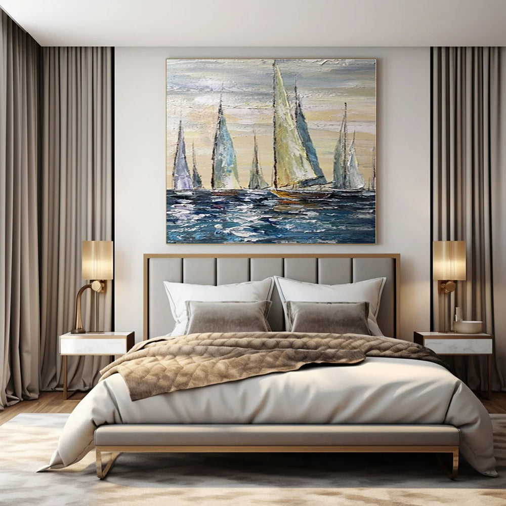 Blue, White, Beige with Sailboats "Sailboat Serenade" Impressionist Painting On Canvas PS1302