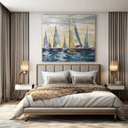Blue, White, Beige with Sailboats "Sailboat Serenade" Impressionist Painting On Canvas PS1302