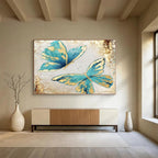 “Blue - Gold Butterfly Duet” - Blue, Gold & White Floral, Decorative Oil Painting On Canvas DKS734
