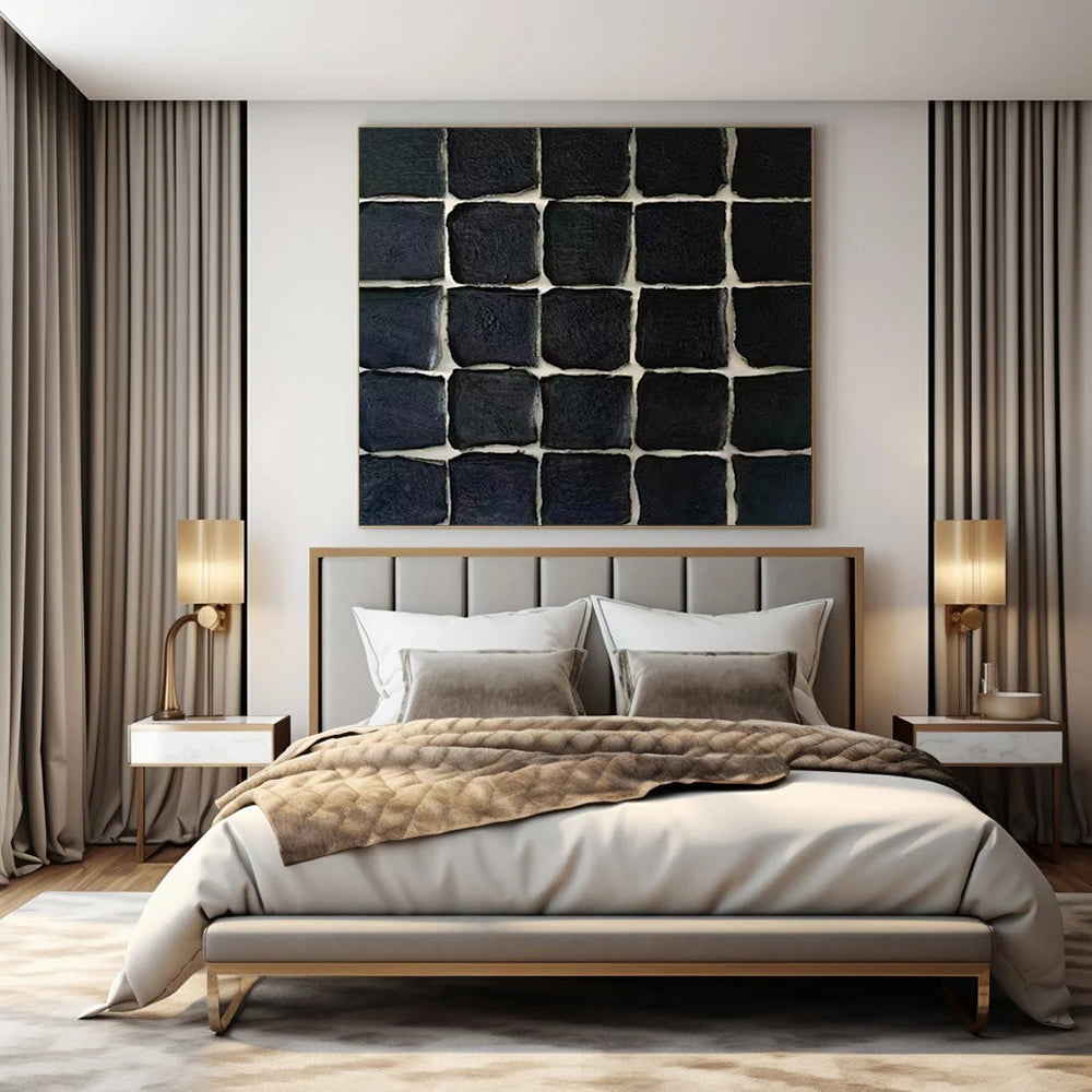 Grid of Textured Black Squares "Monochrome Mosaic" Relief Sculpture On Canvas PS1072