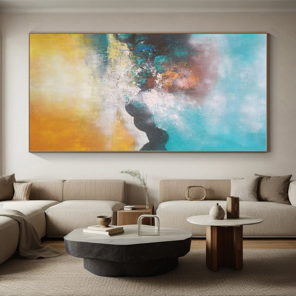 “Turquoise - Yellow Abstract Landscape” - Turquoise, Yellow, Brown Abstract Painting On Canvas PS0474