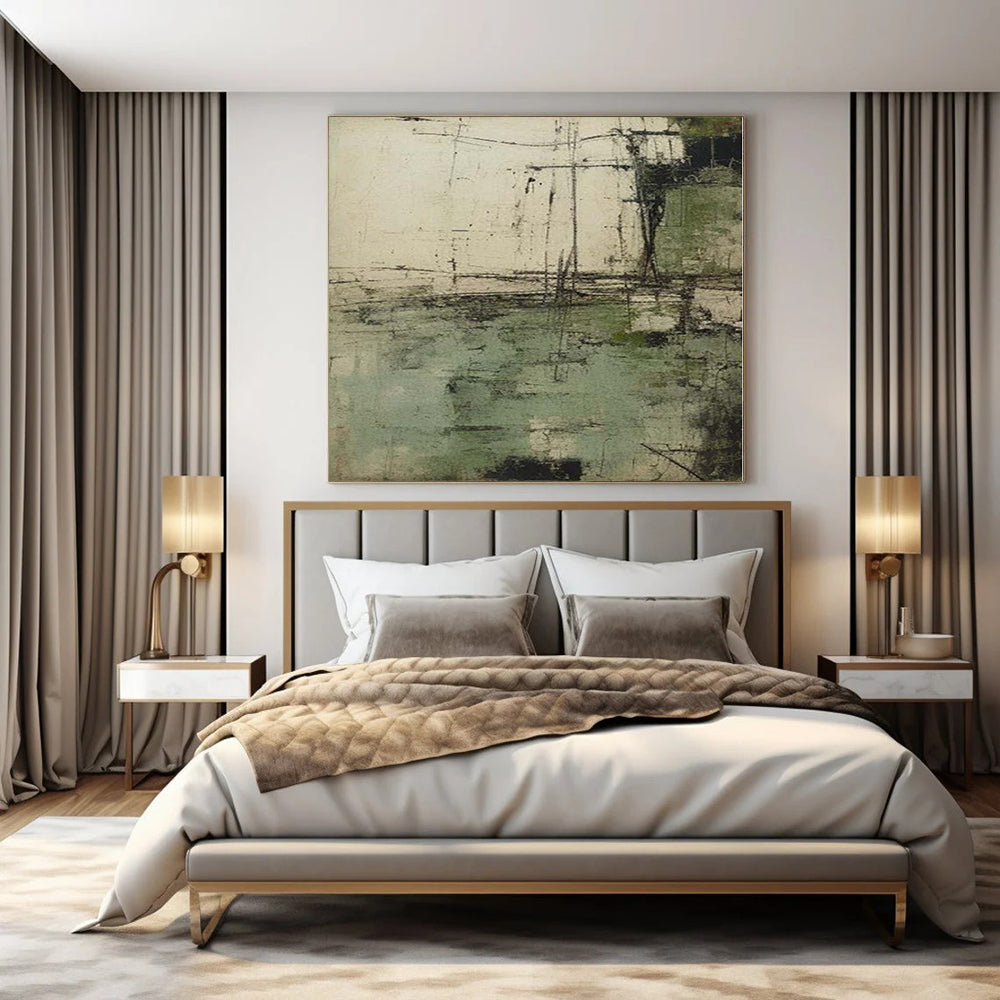 “Green - Gray Textured Abstract” - Rustic Abstract Painting On Canvas PS0166