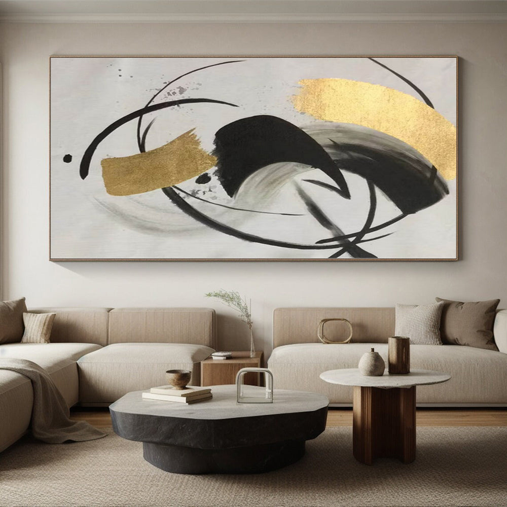 “Black - Gold Abstract Circular Shapes” - Minimalist Abstract Painting On Canvas PS0293