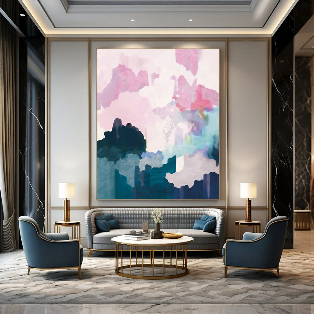 “Pastel - Hued Abstract Landscape” - Pink, Purple & Blue Soft Forms Painting On Canvas DS235