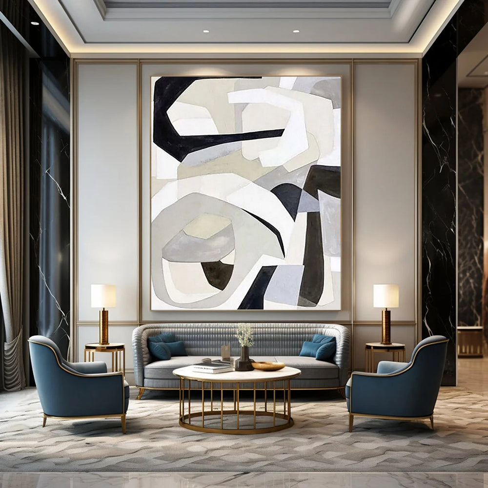 “Grey - White - Black Abstract Shapes” - Modernist Abstract Painting On Canvas PT1141