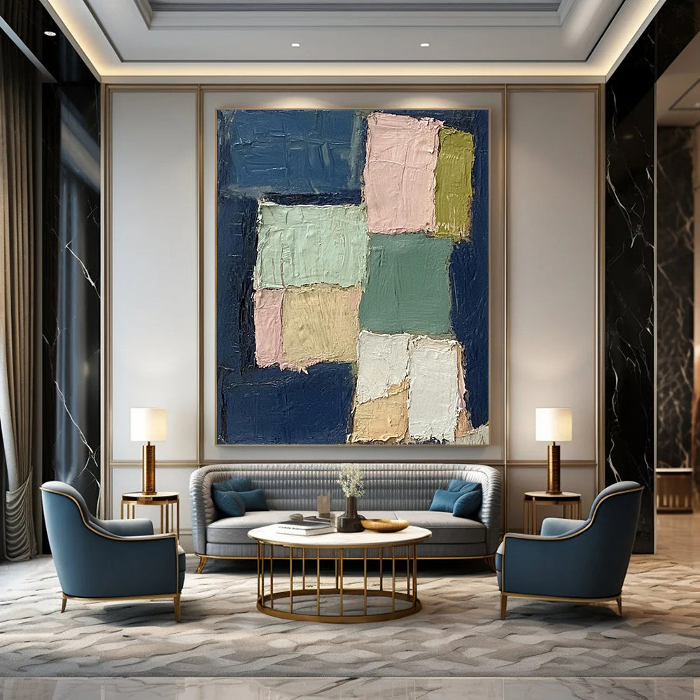 “Pastel Squares on Navy” - Minimalist Abstract Painting On Canvas DS013