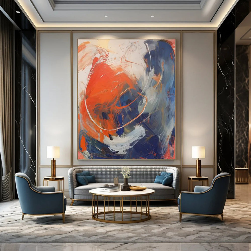 “Vibrant Swirls” - Bold Orange, Blue & White Dynamic Strokes Painting On Canvas DS133