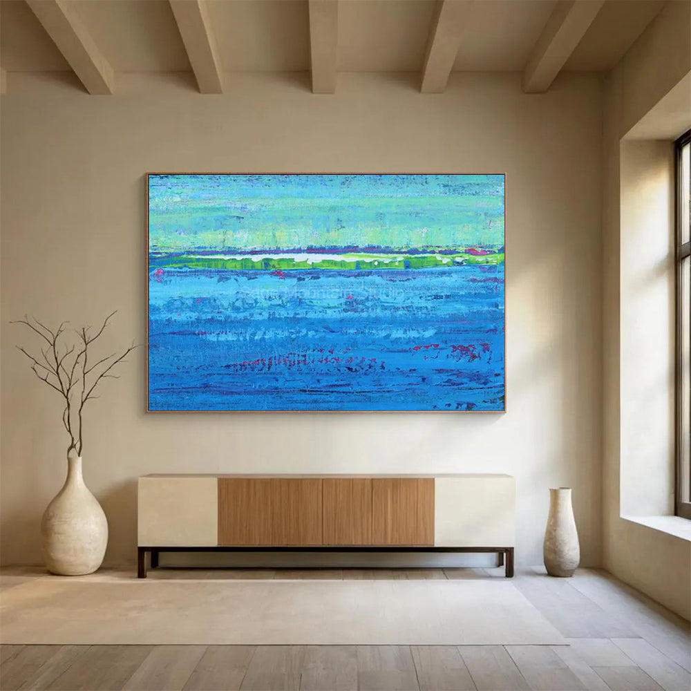 “Colorful Striped Water and Green Land” - Abstract Landscape - Painting On Canvas PT1793