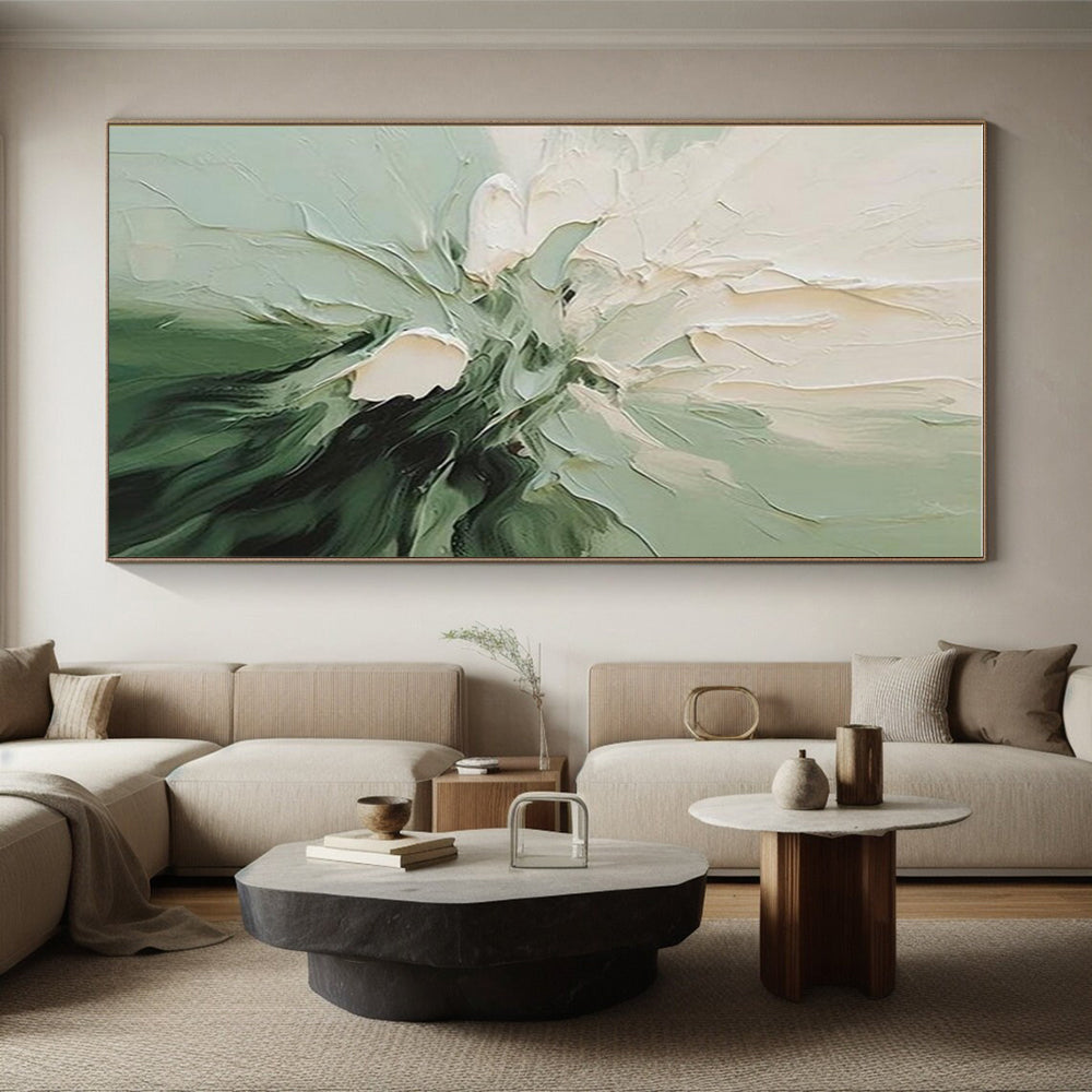 “Green - White Floral Impasto” - Green, White, Black Abstract Floral Painting On Canvas PS0624