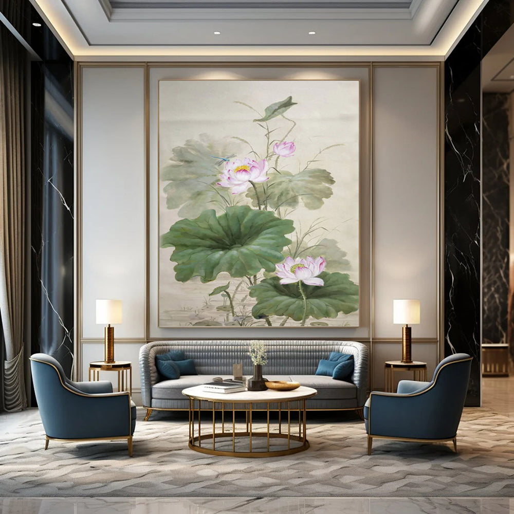 “Traditional Chinese Lotus” - Oriental, Floral - Themed Painting On Canvas PT1588