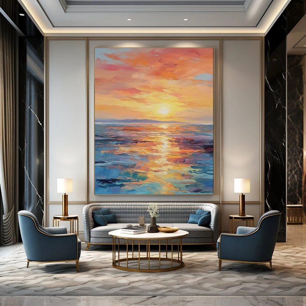 “Vibrant Impasto Sunset Ocean” - Impasto Seascape Painting On Canvas PT1904