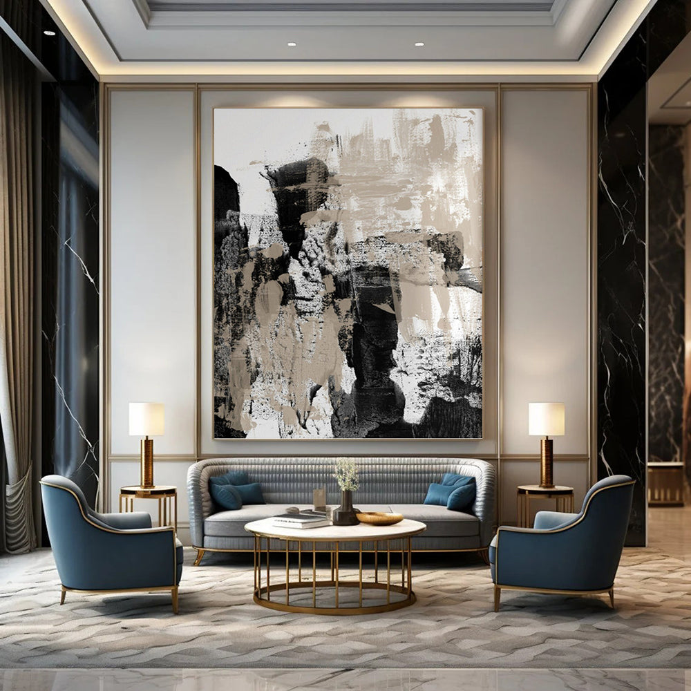 “Monochrome Textures: Black, White, and Beige Abstract” - Expressionistic Minimalist Art On Canvas PT0966