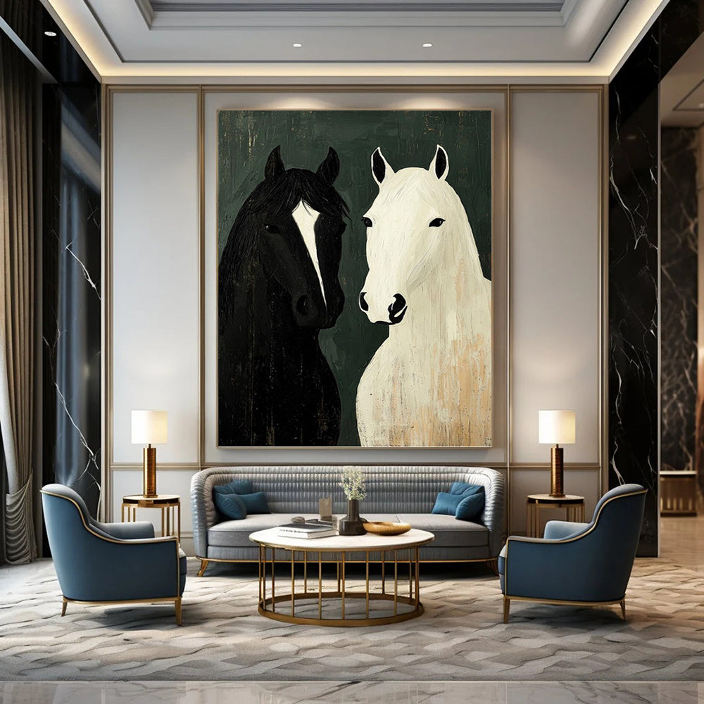 “Black and White Horse Portrait” - Folk - Inspired Animal Painting On Canvas PT1003