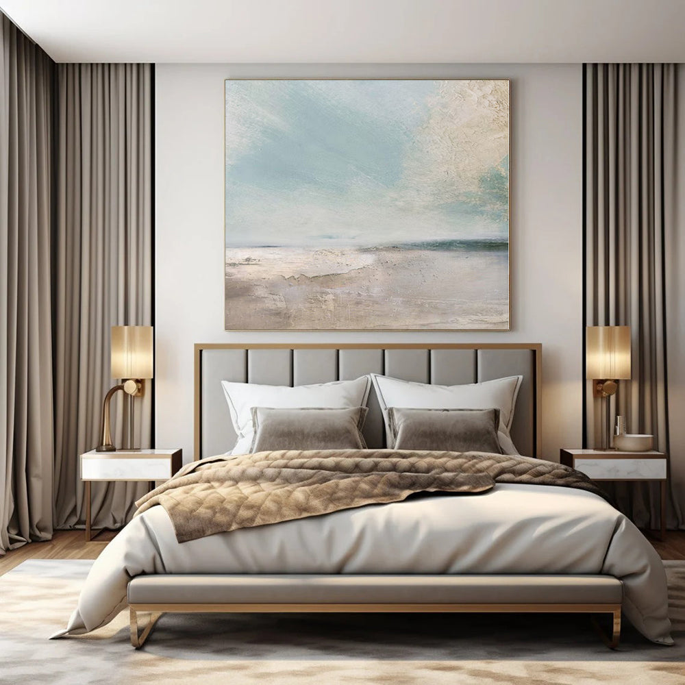 Soft Blue and Beige "Coastal Haze" Atmospheric Abstract Painting On Canvas PS1102