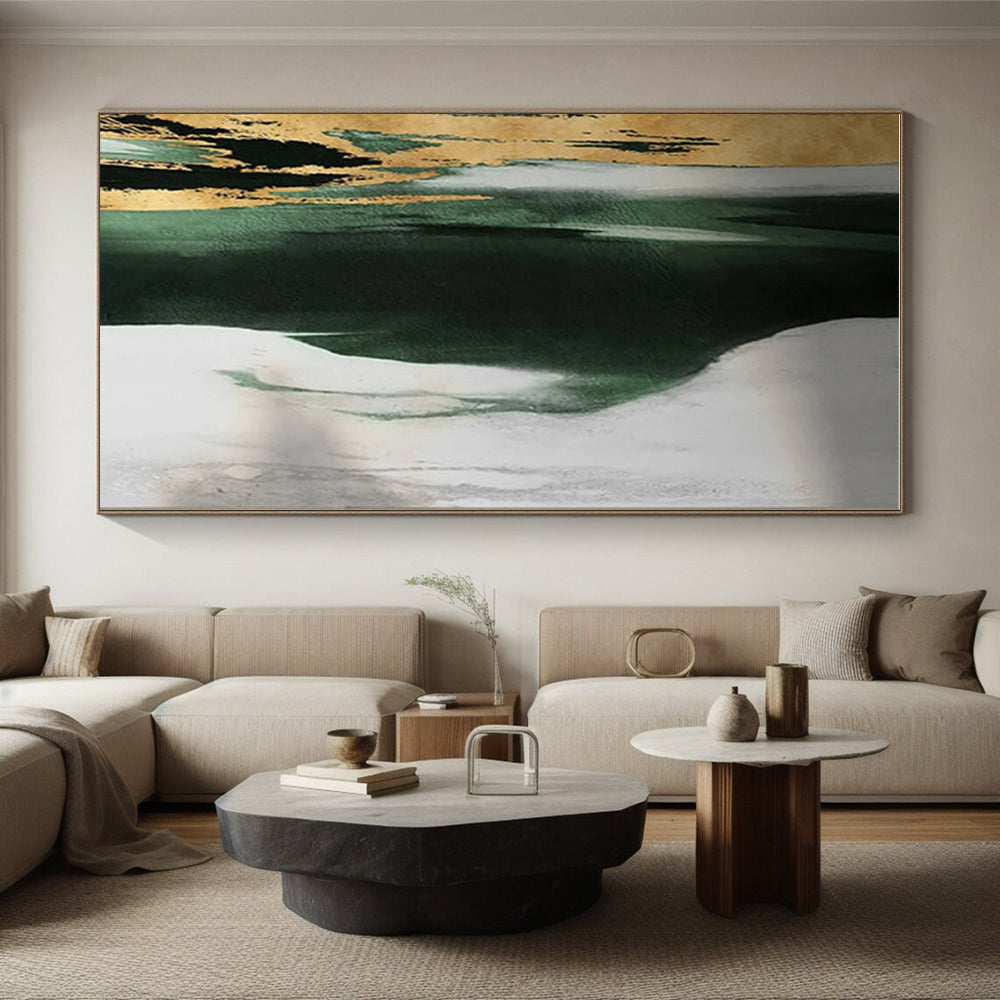 “Gold - Green Abstract Form” - Green, Gray, Gold, White Abstract Minimalist Painting On Canvas PS0640