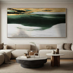 “Gold - Green Abstract Form” - Green, Gray, Gold, White Abstract Minimalist Painting On Canvas PS0640