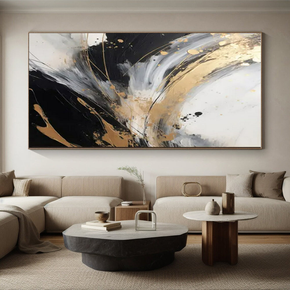 Black, White, Gold & Gray Dynamic Swirl "Midnight Gleam" Painting On Canvas PS0847