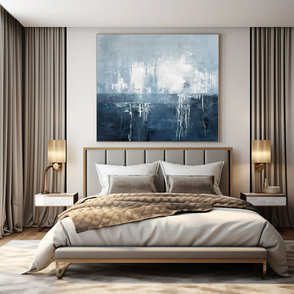 Blue, Gray and White with Flowing Drips "Oceanic Drift" Abstract Painting On Canvas PS1138