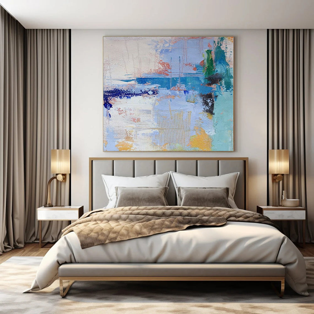 Blue, Green, Yellow, White with Playful Strokes "Seaside Crayon" Abstract Painting On Canvas PS1386