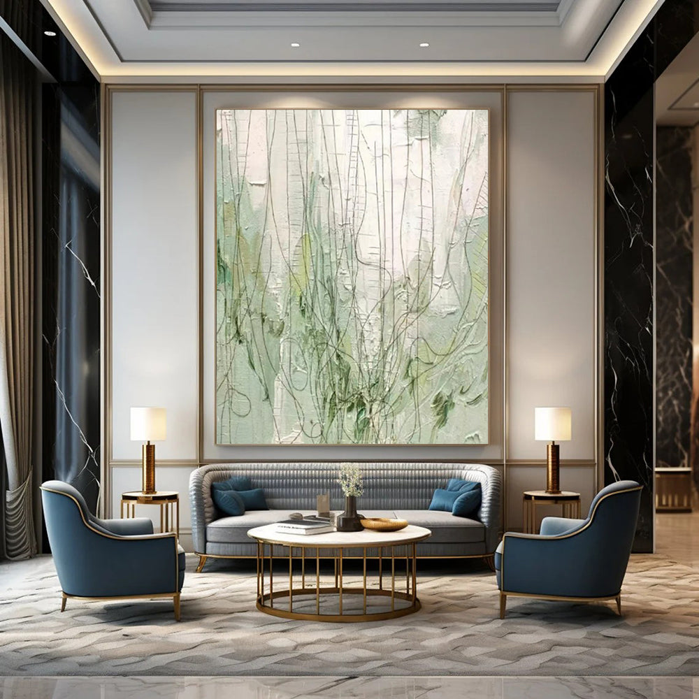 “Green and Gray Textured Abstract” - Linear Abstract Painting On Canvas PT2280