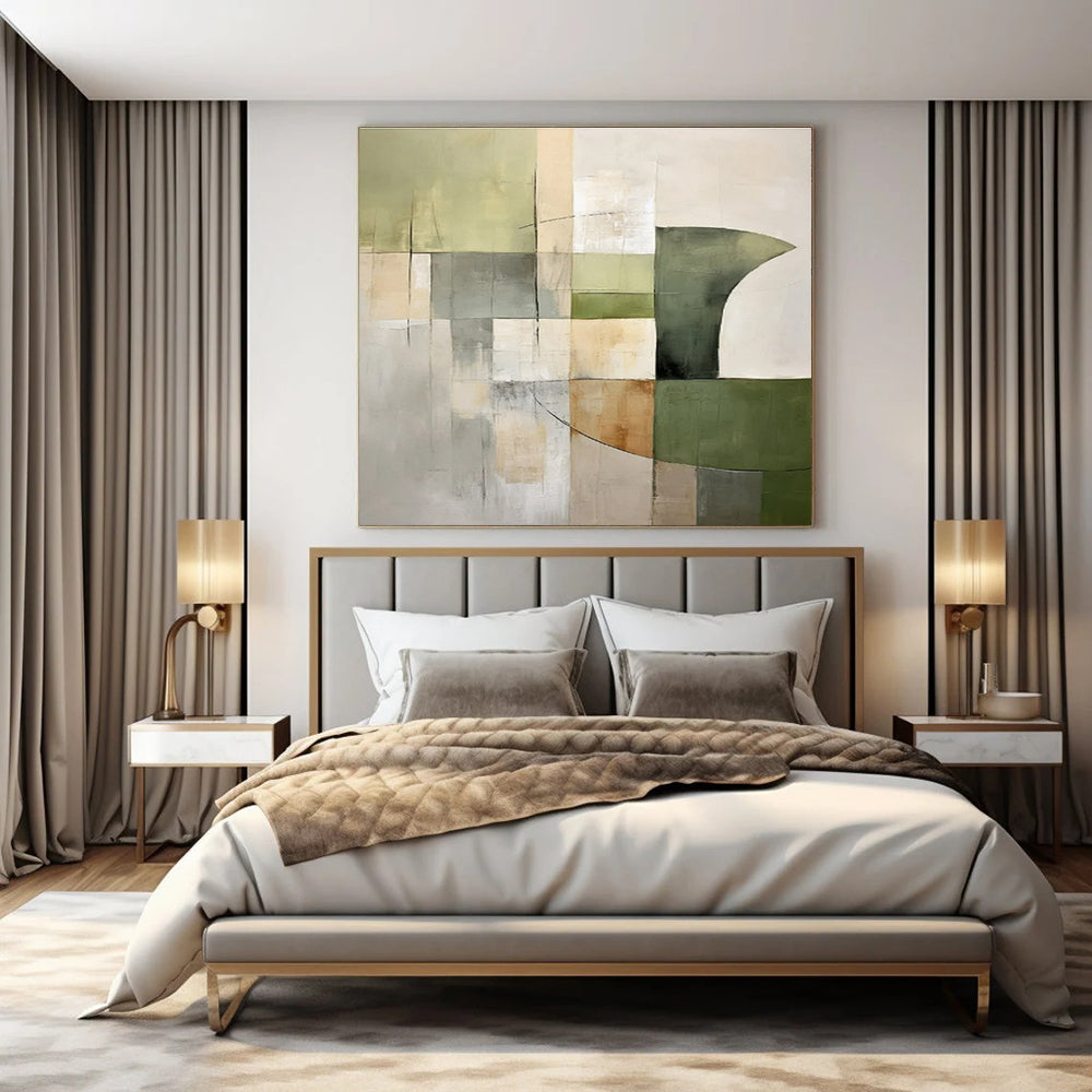 Green, Beige, Gray with Geometric Mix "Balanced Nature" Abstract Painting On Canvas PS1458