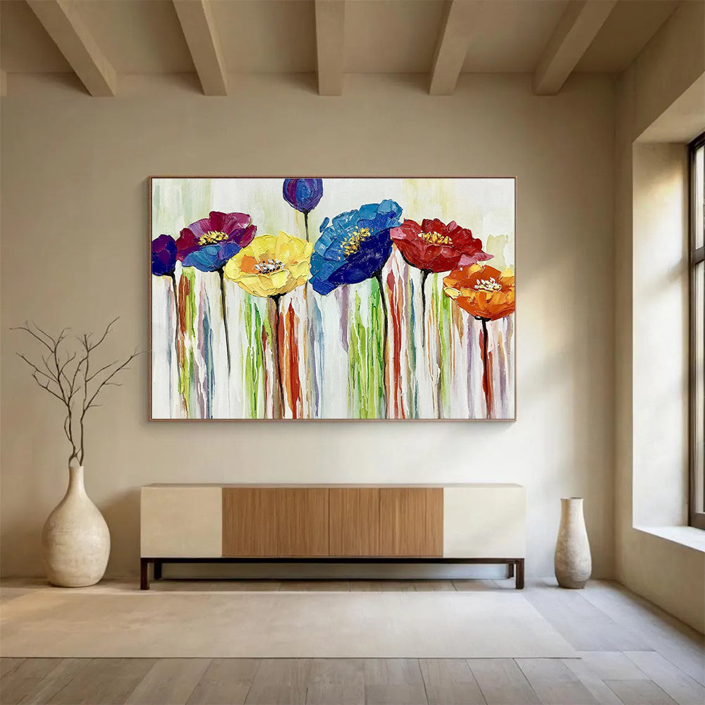 “Colorful Impasto Flowers” - Purple, Blue & Yellow Floral, Impasto Oil Painting On Canvas DKS783
