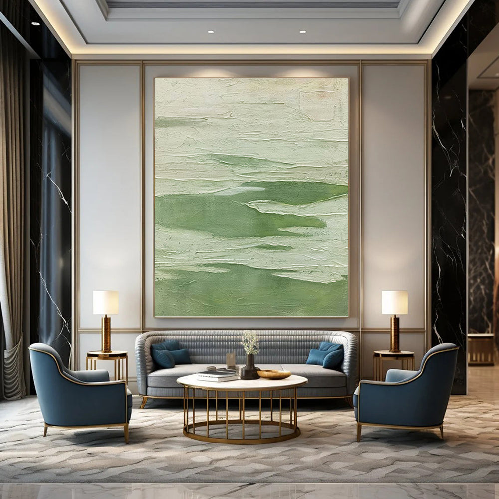 “Textured Green - White Impasto” - Impasto Abstract Painting On Canvas PT1227