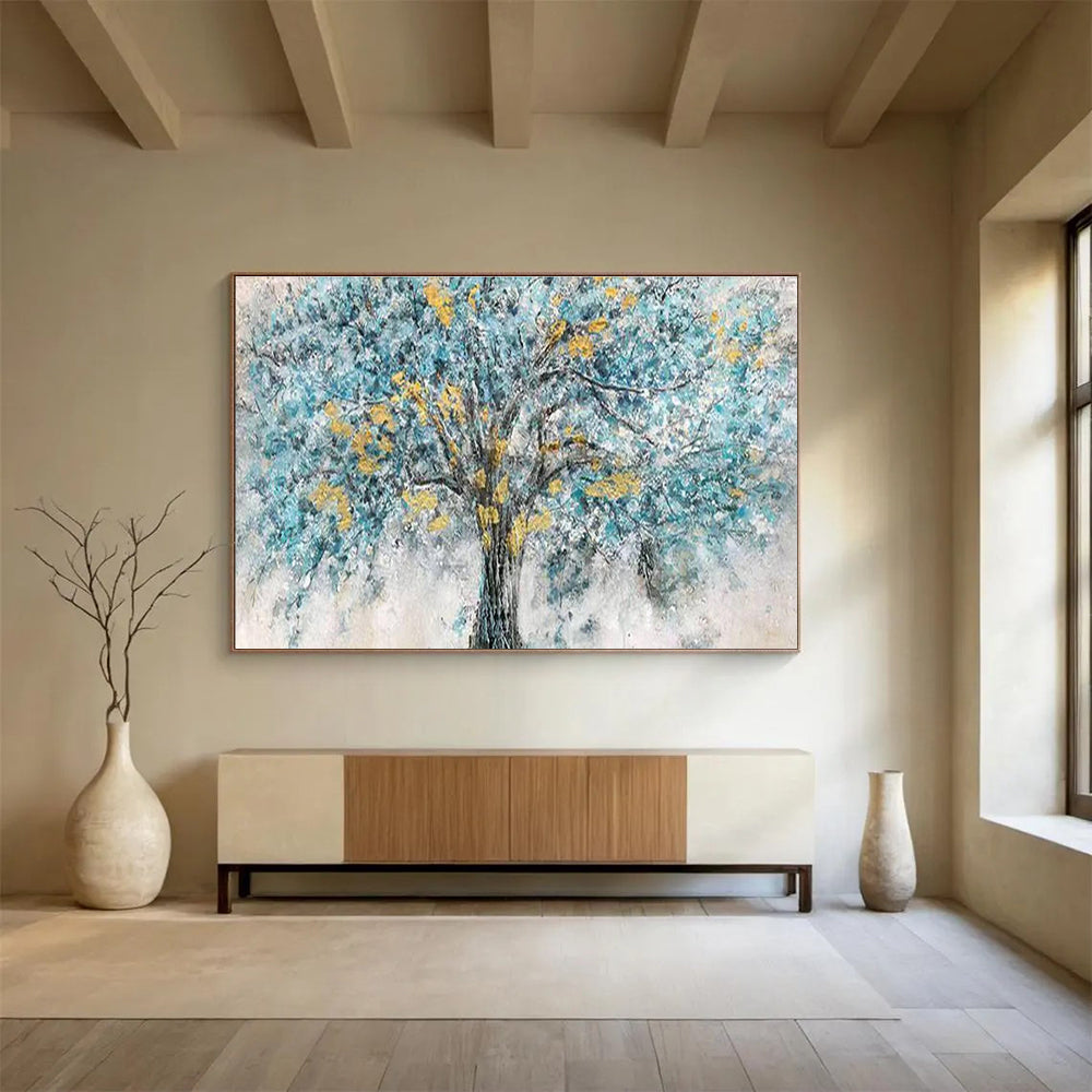 “Blue Tree with Yellow Blossoms” - Abstract Oil Painting On Canvas DKS889