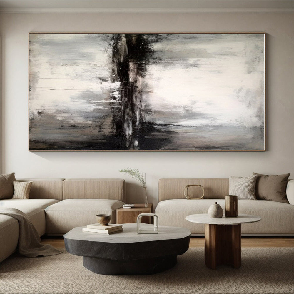 “Monochrome Mist Reflection” - Black, White, Gray Abstract Landscape Painting On Canvas PS0623