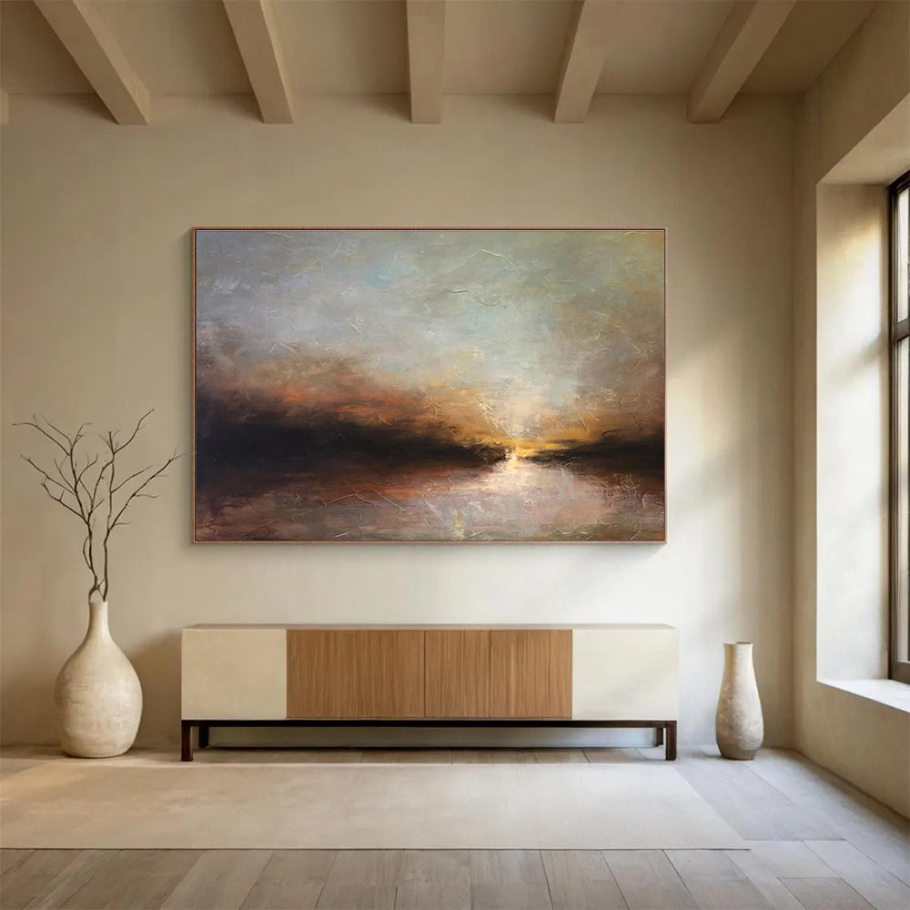 “Sunset River Glow” - Orange, Blue & Gold Landscape, Impressionistic Oil Painting On Canvas DKS774