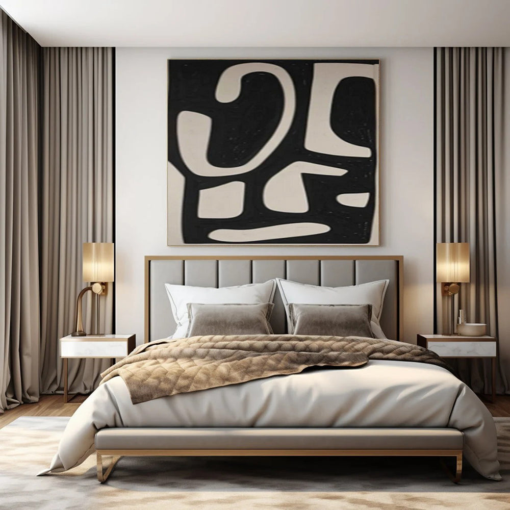 Black and White Flowing Shapes "Rhythmic Abstraction" Abstract Painting On Canvas PS1076