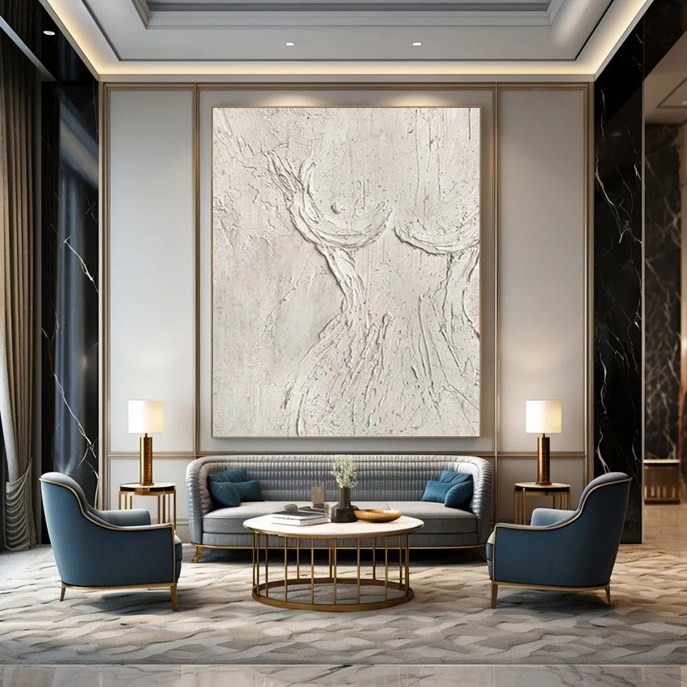 “White Textured Figure Abstract” - Minimalist Plaster Painting On Canvas PT0989