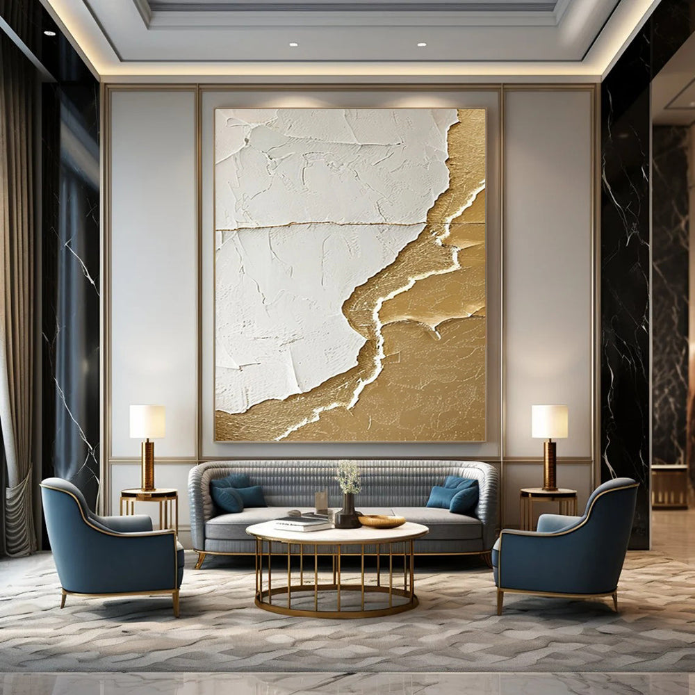 “White and Gold Textured Abstract” - Luxe Relief Painting On Canvas PT0986