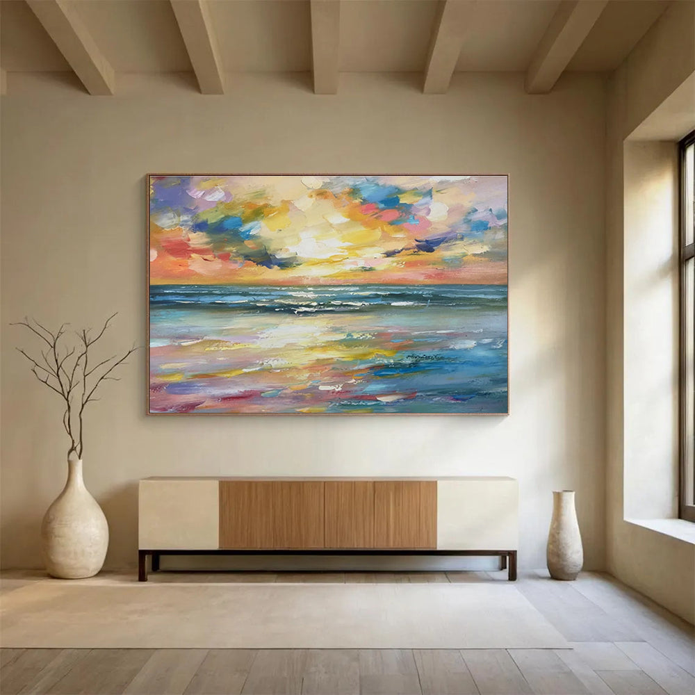 Rainbow - Hued Sunset Over Ocean Fauvist Seascape Painting On Canvas DKS117