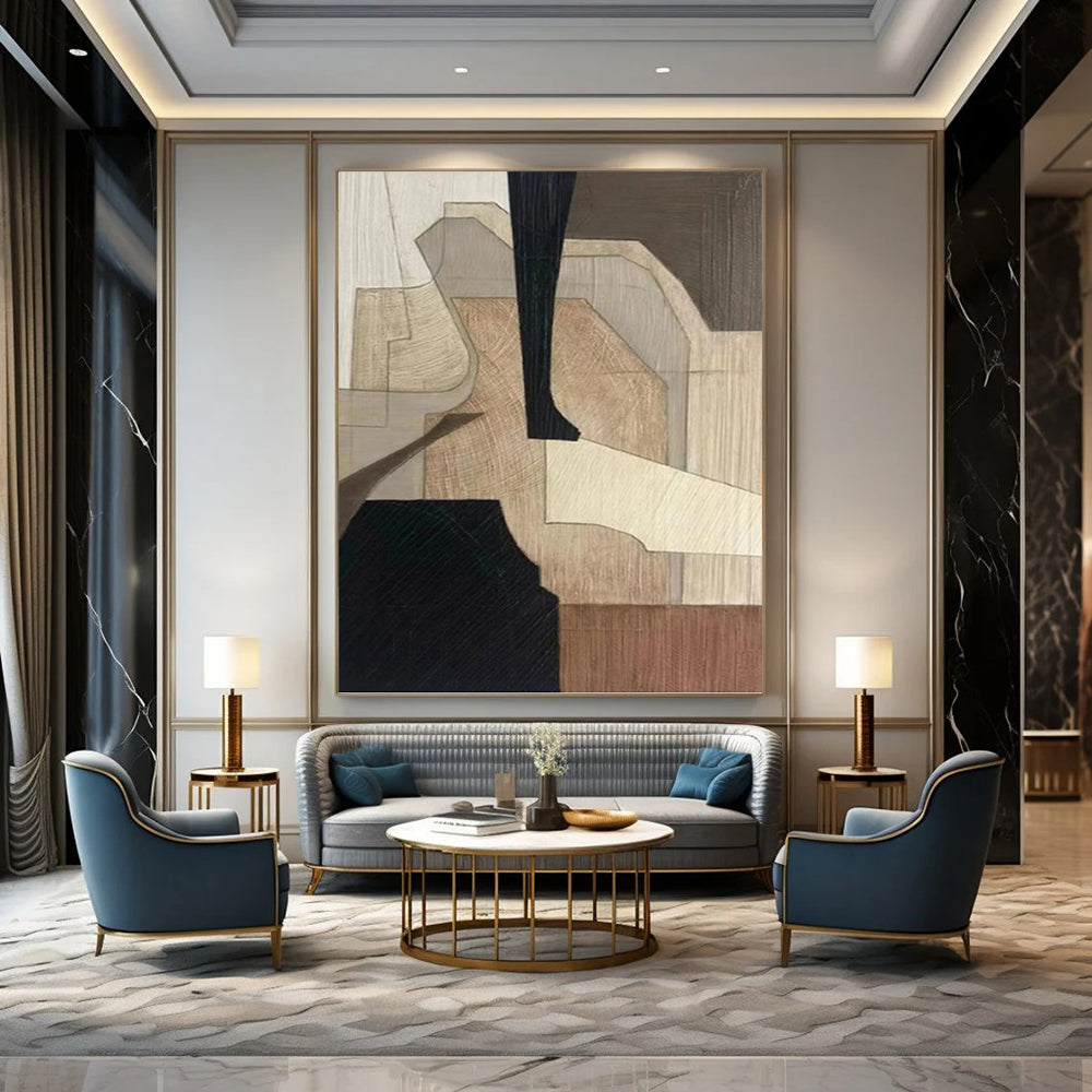 “Wood - Toned Geometric Abstraction” - Brown and Beige Geometric Painting On Canvas PT1071