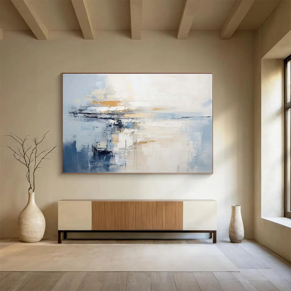 “Blue and Beige Abstract Horizon” - Minimalist Landscape Painting On Canvas PT090