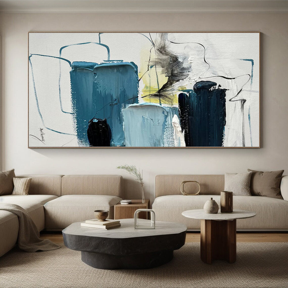 “Blue - Gray Abstract Blocks” - Blue, Gray, Yellow Abstract Painting On Canvas PS0484