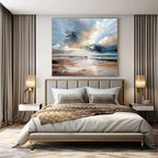Blue, White, Gray with Beach Scene "Beach Serenity" Impressionist Painting On Canvas PS1329