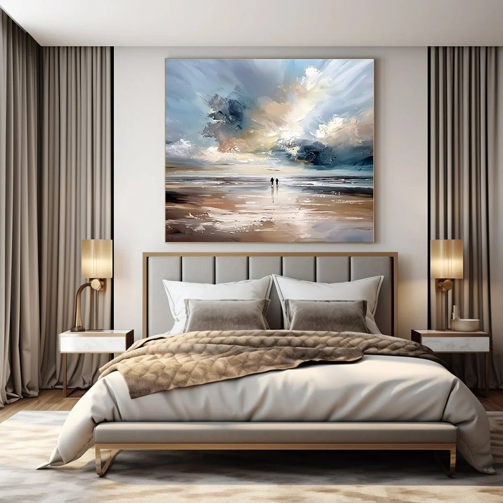 Blue, White, Gray with Beach Scene "Beach Serenity" Impressionist Painting On Canvas PS1329