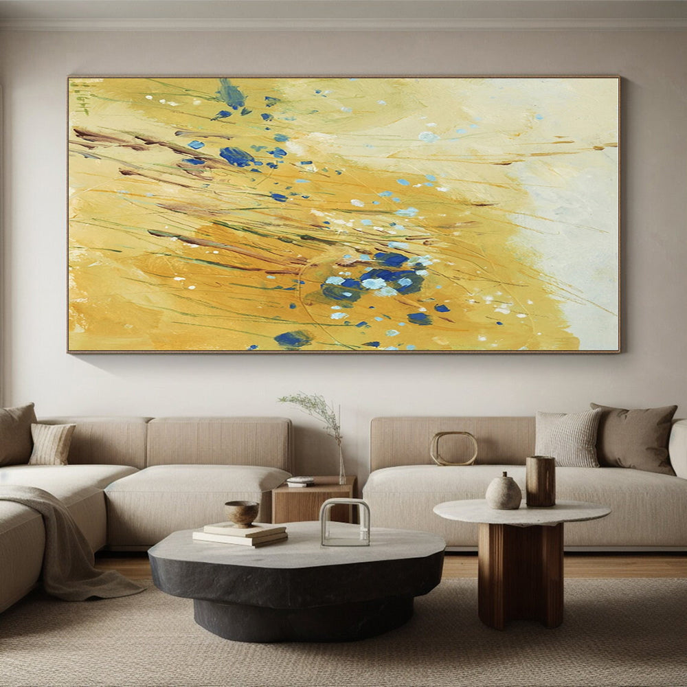 “Golden Field with Blues” - Yellow, Blue Abstract Impressionist Painting On Canvas PS0707
