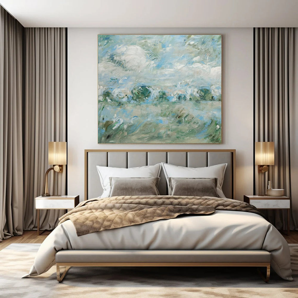 Blue, Green, White with Impasto Landscapes "Soft Horizon" Abstract Painting On Canvas PS1439