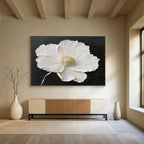 “Textured White Flower on Black” - Impasto Floral Painting On Canvas PT091